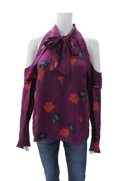 Tanya Taylor Womens Silk Floral Ruffle Trim Cold Shoulder Top Purple Size 2