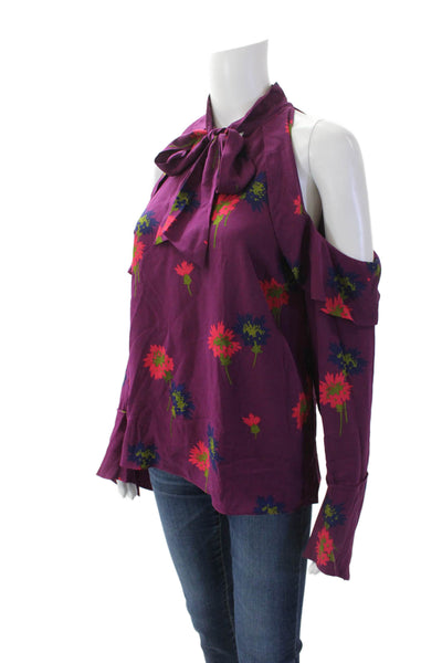 Tanya Taylor Womens Silk Floral Ruffle Trim Cold Shoulder Top Purple Size 2