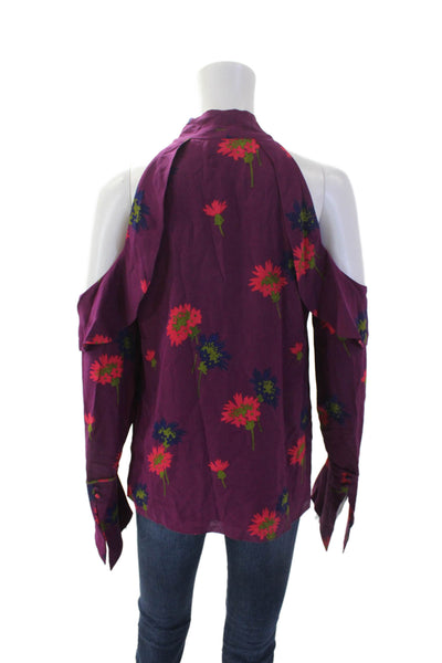 Tanya Taylor Womens Silk Floral Ruffle Trim Cold Shoulder Top Purple Size 2