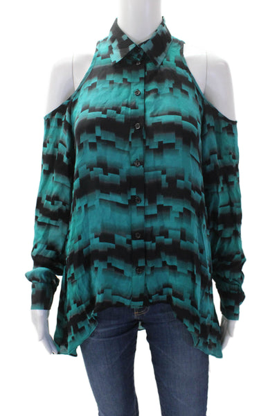 Parker Womens Silk Collared Cold Shoulder Printed Buttoned Blouse Blue Size XS