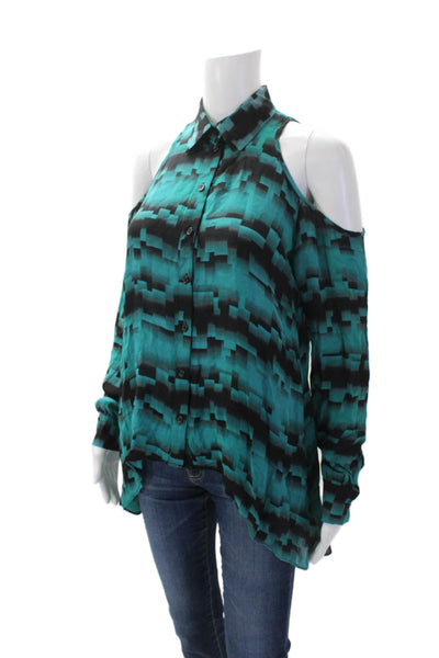 Parker Womens Silk Collared Cold Shoulder Printed Buttoned Blouse Blue Size XS