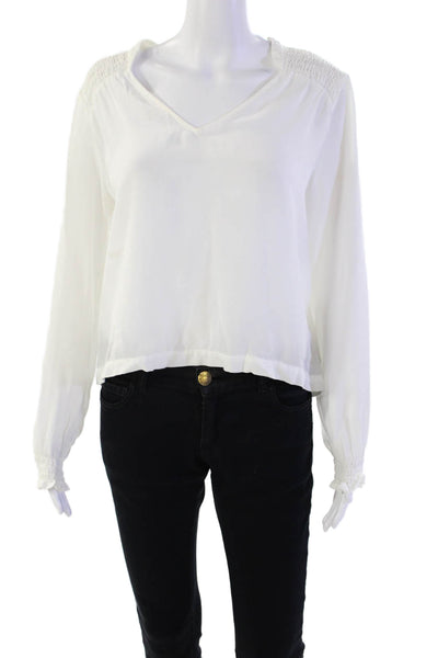 Bella Dahl Womens Long Sleeve Smocked Trim V Neck Boxy Top White Size Small