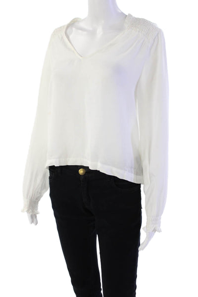 Bella Dahl Womens Long Sleeve Smocked Trim V Neck Boxy Top White Size Small