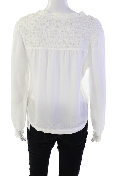 Bella Dahl Womens Long Sleeve Smocked Trim V Neck Boxy Top White Size Small