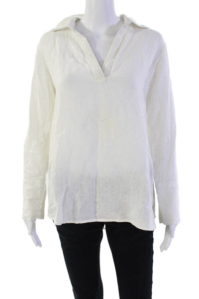 Madison Mathews Womens Long Sleeve Collared V Neck Linen Shirt White Size XS