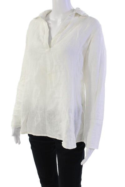 Madison Mathews Womens Long Sleeve Collared V Neck Linen Shirt White Size XS