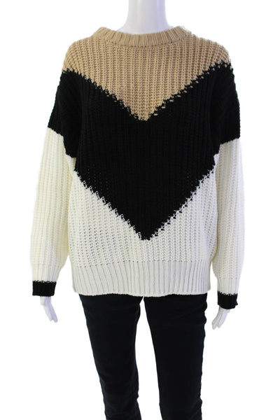 Tularosa Womens Oversized Chevron Crew Neck Sweater White Brown Size XS