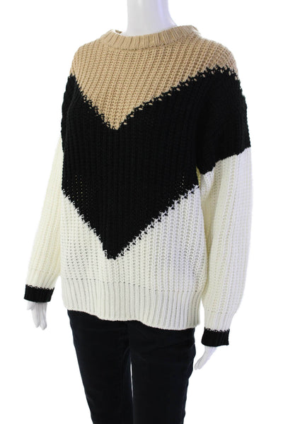 Tularosa Womens Oversized Chevron Crew Neck Sweater White Brown Size XS