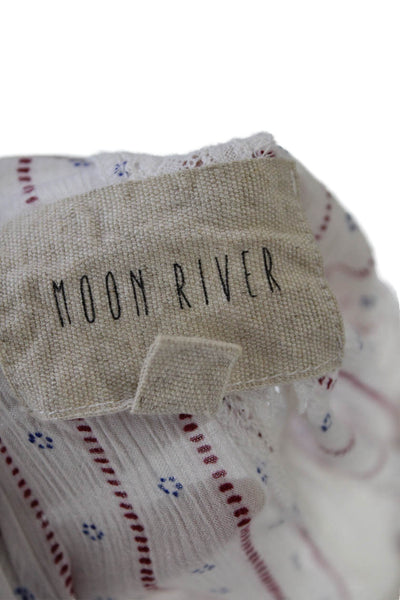 Moon River Womens Short Sleeve Crew Neck Striped Abstract Top White Red Size XS