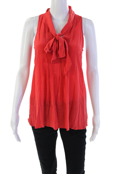 Theory Womens Silk Pleated Tie Collar Sleeveless Pullover Blouse Top Red Size S