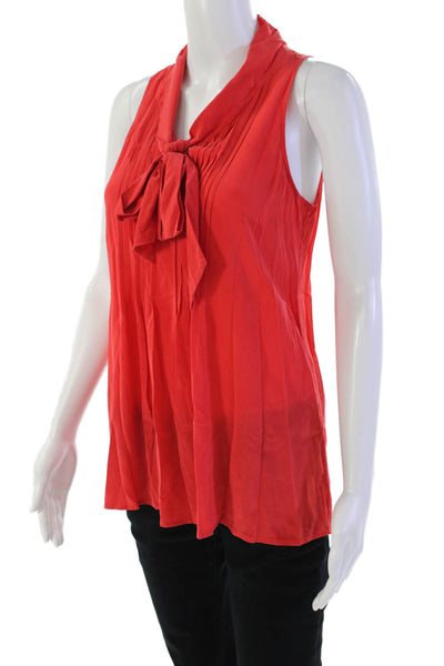 Theory Womens Silk Pleated Tie Collar Sleeveless Pullover Blouse Top Red Size S