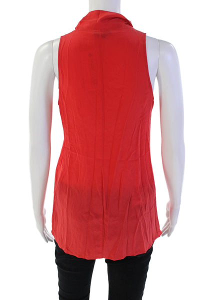 Theory Womens Silk Pleated Tie Collar Sleeveless Pullover Blouse Top Red Size S
