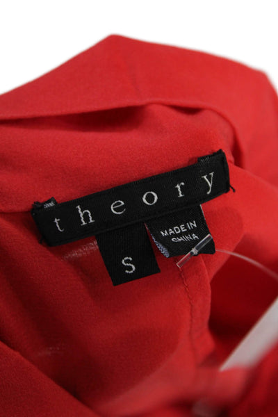 Theory Womens Silk Pleated Tie Collar Sleeveless Pullover Blouse Top Red Size S