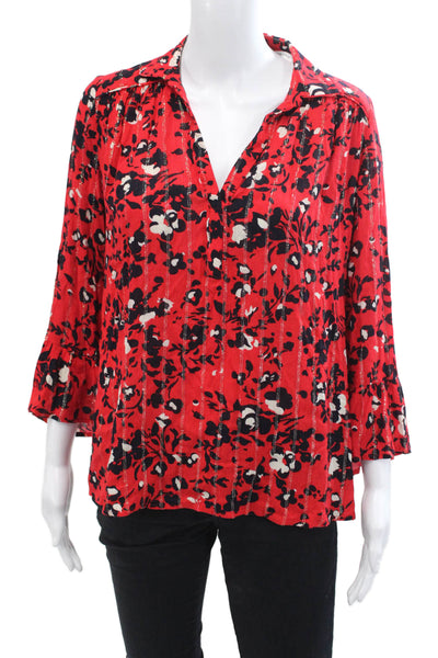 Ba&Sh Womens Long Sleeve Metallic Floral V Neck Blouse Red Size XS