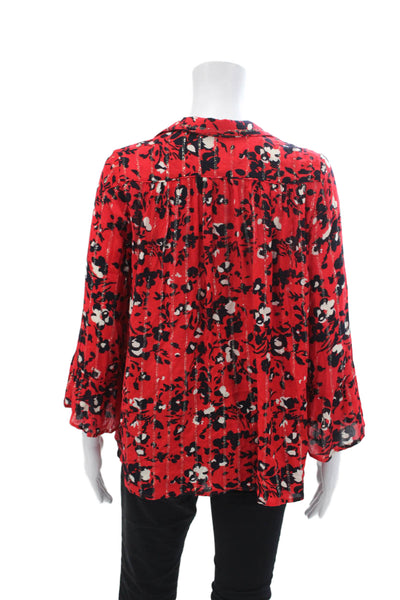 Ba&Sh Womens Long Sleeve Metallic Floral V Neck Blouse Red Size XS