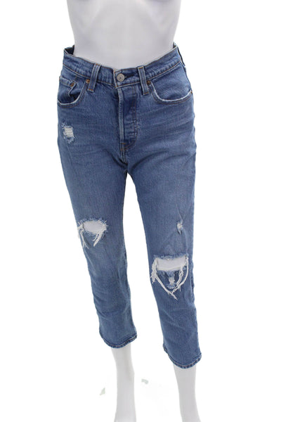 Levis Womens High Rise 501 Button Up Slim Leg Jeans Blue Cotton Size 25
