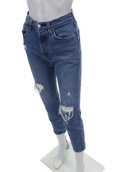Levis Womens High Rise 501 Button Up Slim Leg Jeans Blue Cotton Size 25
