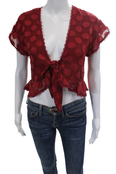 Tularosa Womens Sheer Polka Dot Lace Trim Tie Detail Crop Top Red Size XXS