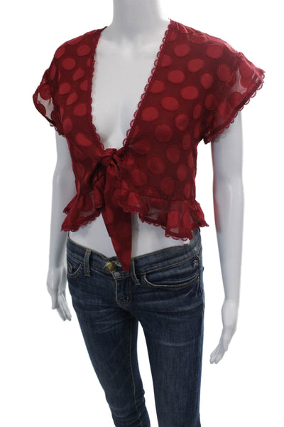 Tularosa Womens Sheer Polka Dot Lace Trim Tie Detail Crop Top Red Size XXS