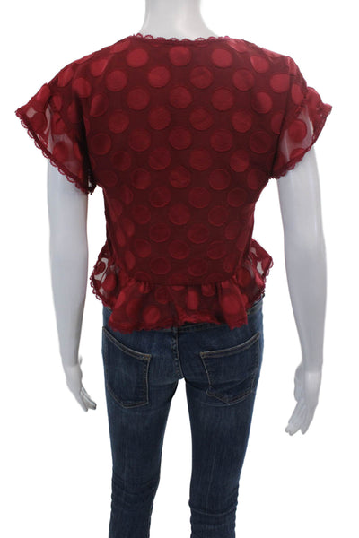 Tularosa Womens Sheer Polka Dot Lace Trim Tie Detail Crop Top Red Size XXS