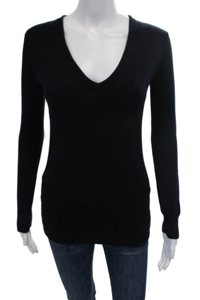 J Crew Womens Cotton Knit V-Neck Long Sleeve Basic Top Solid Black Size XXS