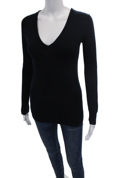 J Crew Womens Cotton Knit V-Neck Long Sleeve Basic Top Solid Black Size XXS