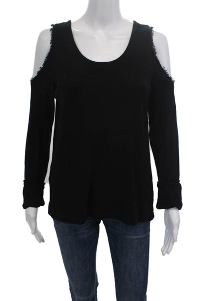 Saks Fifth Avenue Womens Fringed Trim Long Sleeve Cold Shoulder Top Black Size M