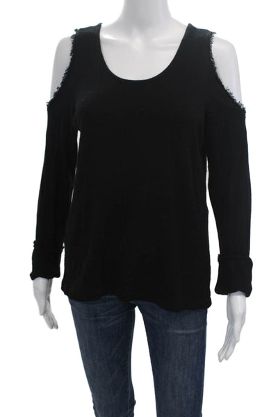 Saks Fifth Avenue Womens Fringed Trim Long Sleeve Cold Shoulder Top Black Size M