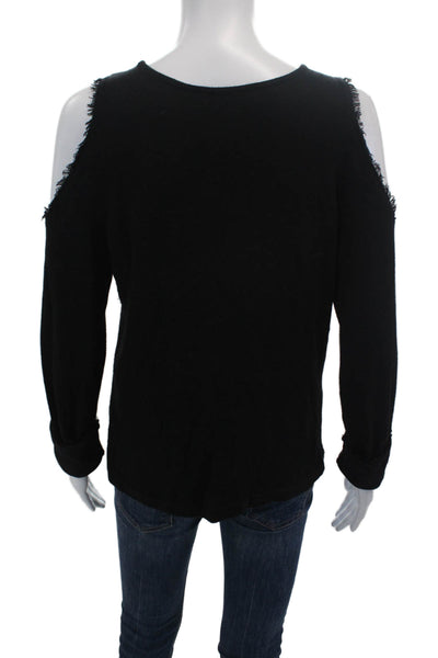Saks Fifth Avenue Womens Fringed Trim Long Sleeve Cold Shoulder Top Black Size M