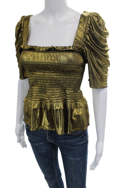 Amanda Uprichard Womens Short Sleeve Square Neck Metallic Top Gold Size Small