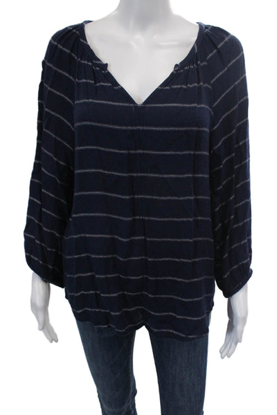 Velvet by Graham & Spencer Womens 3/4 Sleeve V Neck Striped Top Navy Size Medium