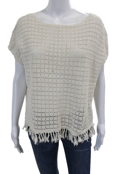 Joie Womens Short Sleeve Scoop Neck Open Knit Fringe Top White Cotton Size Small