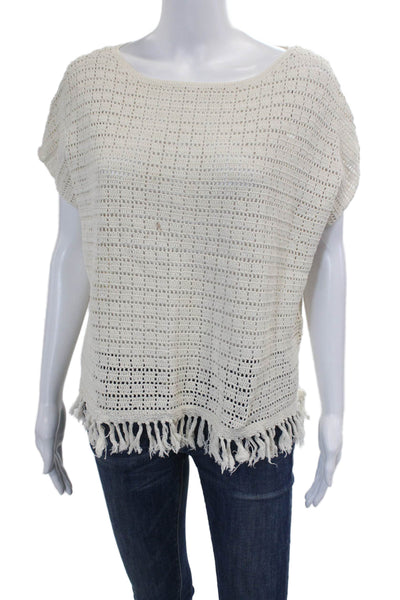 Joie Womens Short Sleeve Scoop Neck Open Knit Fringe Top White Cotton Size Small
