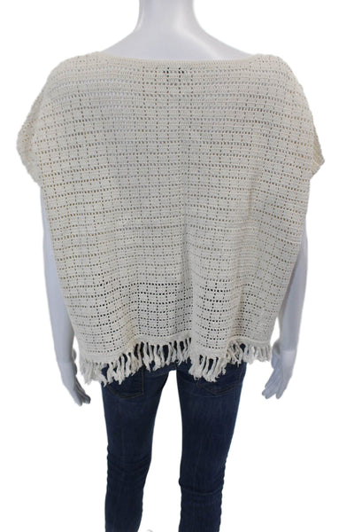 Joie Womens Short Sleeve Scoop Neck Open Knit Fringe Top White Cotton Size Small