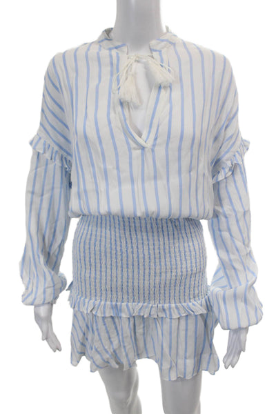 Aqua Womens Long Sleeve Keyhole Smocked Striped Dress White Blue Size Small