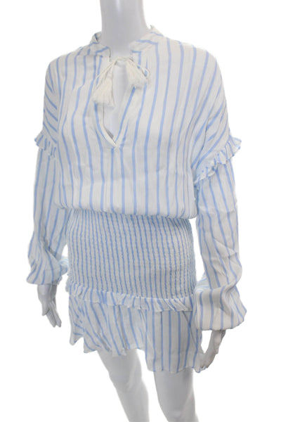 Aqua Womens Long Sleeve Keyhole Smocked Striped Dress White Blue Size Small