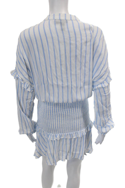 Aqua Womens Long Sleeve Keyhole Smocked Striped Dress White Blue Size Small
