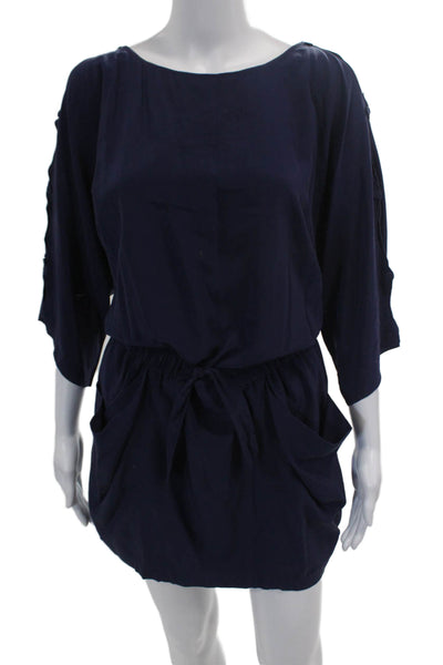 BCBGMAXAZRIA Womens Half Sleeve Cold Shoulder Silk Mini Dress Navy Size 2XS