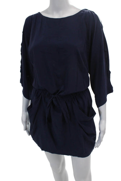 BCBGMAXAZRIA Womens Half Sleeve Cold Shoulder Silk Mini Dress Navy Size 2XS