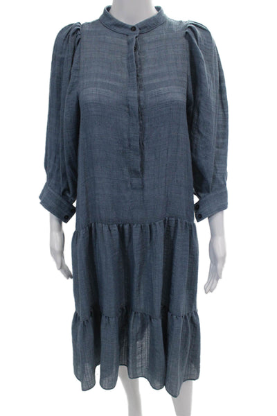 Heidi Merrick Womens Button Front Short Sleeve Belted Dress Blue Cotton Size XS