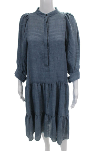 Heidi Merrick Womens Button Front Short Sleeve Belted Dress Blue Cotton Size XS