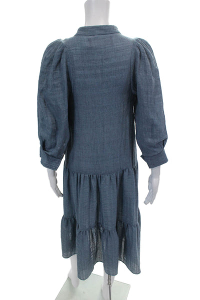 Heidi Merrick Womens Button Front Short Sleeve Belted Dress Blue Cotton Size XS