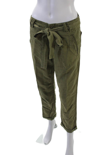 Free People Womens Linen Blend Belted Mid-Rise Tapered Pants Green Size 2