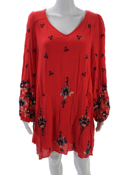 Free People Womens Floral Embroidered V-Neck Long Sleeve Mini Dress Red Size S