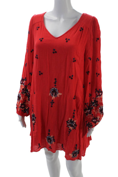 Free People Womens Floral Embroidered V-Neck Long Sleeve Mini Dress Red Size S