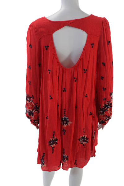 Free People Womens Floral Embroidered V-Neck Long Sleeve Mini Dress Red Size S