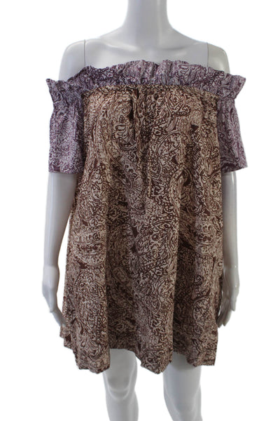 Free People Womens Cotton Paisley Off The Shoulder Mini Dress Brown Size XS