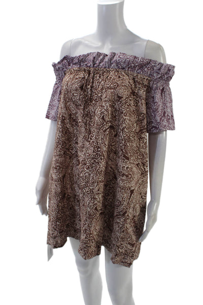Free People Womens Cotton Paisley Off The Shoulder Mini Dress Brown Size XS