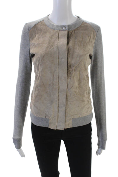 Ecru Womens Crew Neck Long Sleeve Leather Panel Short Jacket Gray Size XS