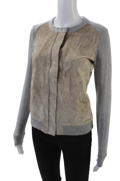 Ecru Womens Crew Neck Long Sleeve Leather Panel Short Jacket Gray Size XS